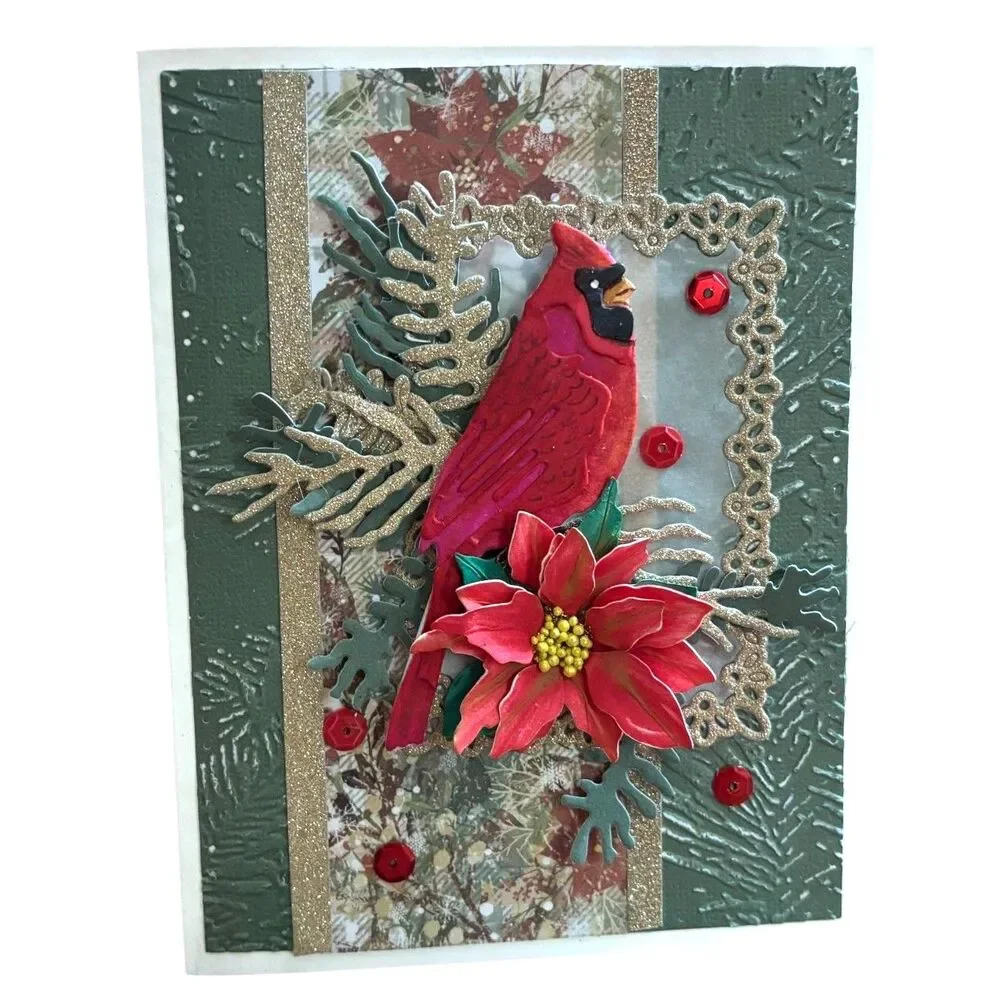 Handmade 3D Cardinal Christmas Card Gold Green Holiday Seasonal Greetings